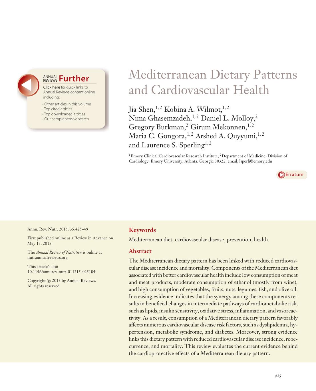 Mediterranean Dietary Patterns and Cardiovascular Health by unknow