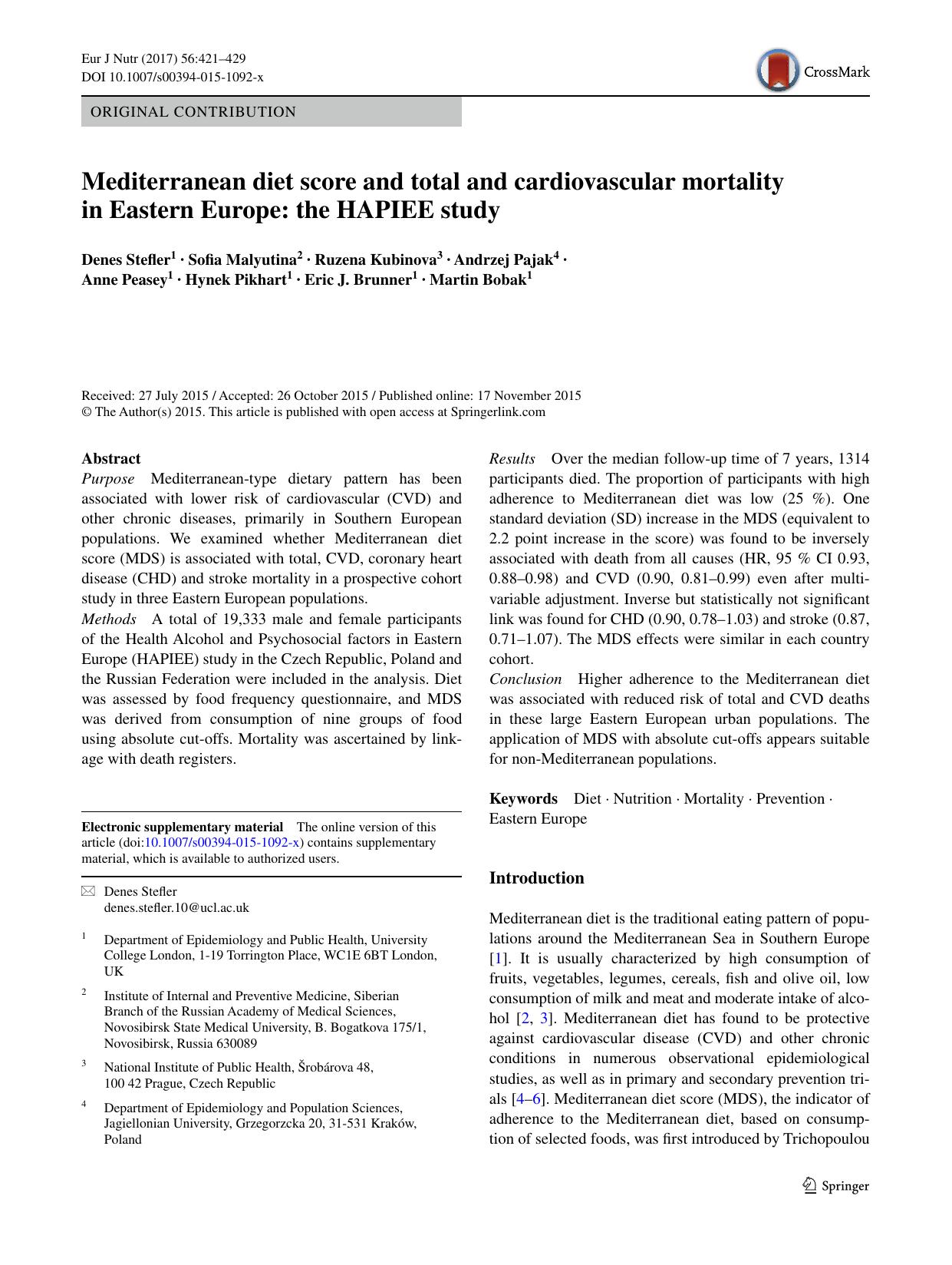 Mediterranean diet score and total and cardiovascular mortality in Eastern Europe: the HAPIEE study by unknow