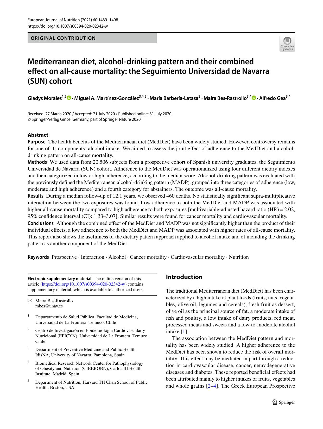 Mediterranean diet, alcohol-drinking pattern and their combined effect on all-cause mortality: the Seguimiento Universidad de Navarra (SUN) cohort by unknow