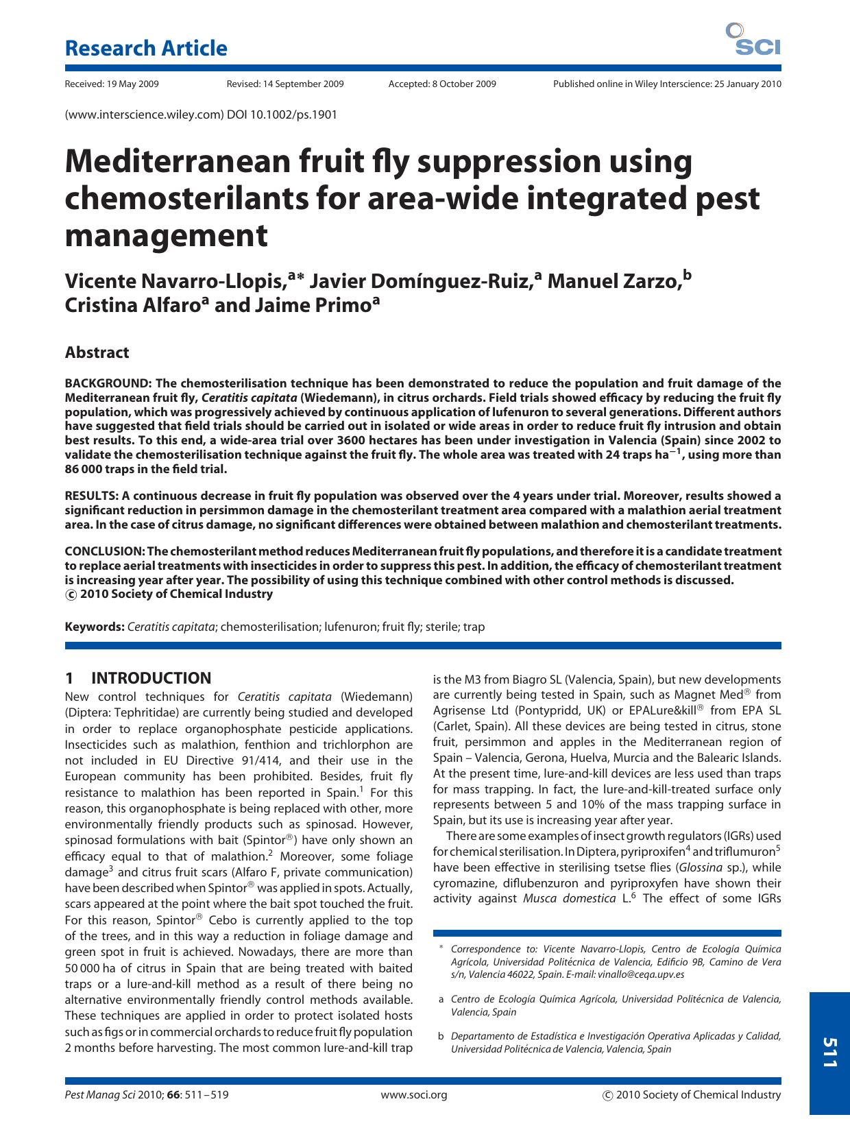 Mediterranean fruit fly suppression using chemosterilants for area?wide integrated pest management by Unknown