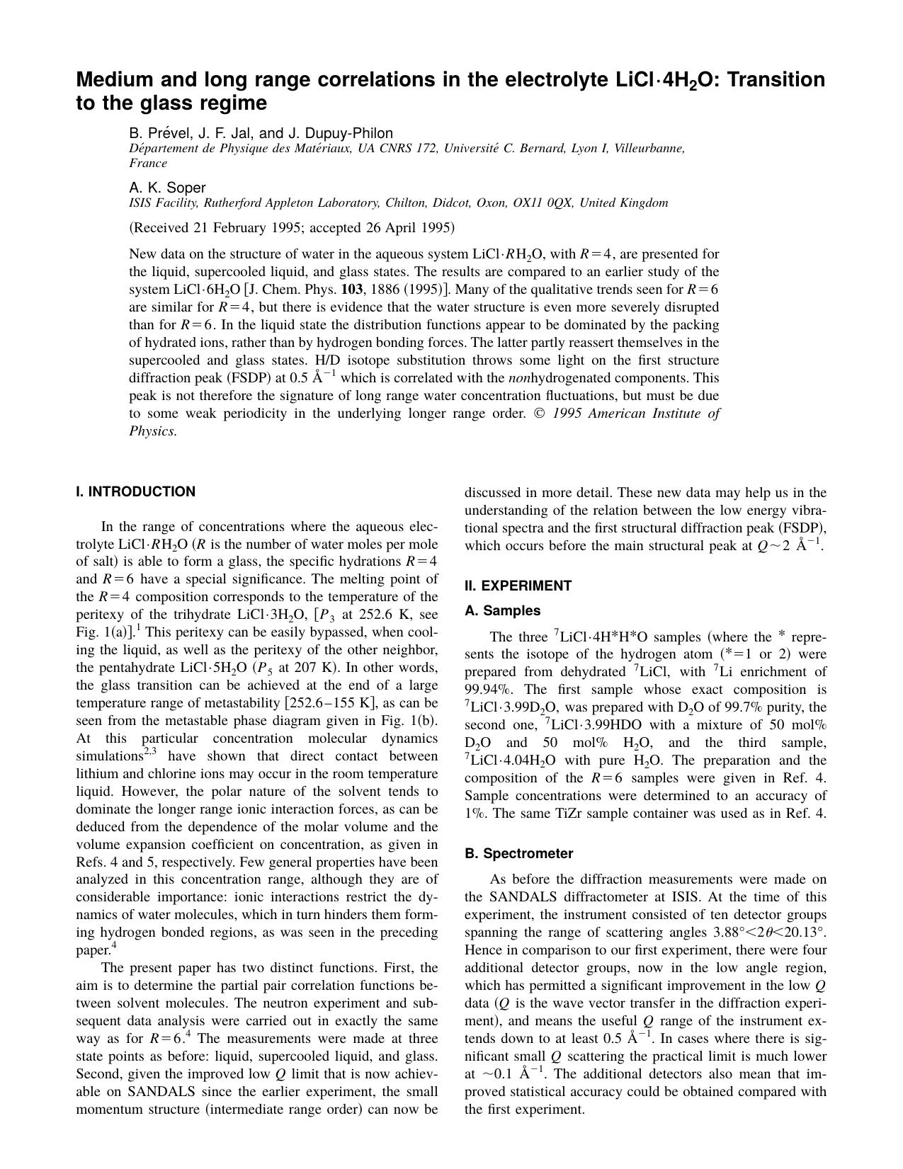 Medium and long range correlations in the electrolyte LiCl - 4H 2 O: Transition to the glass regime by B. Prevel & J. F. Jal & and J. Dupuy-Philon & A. K. Soper