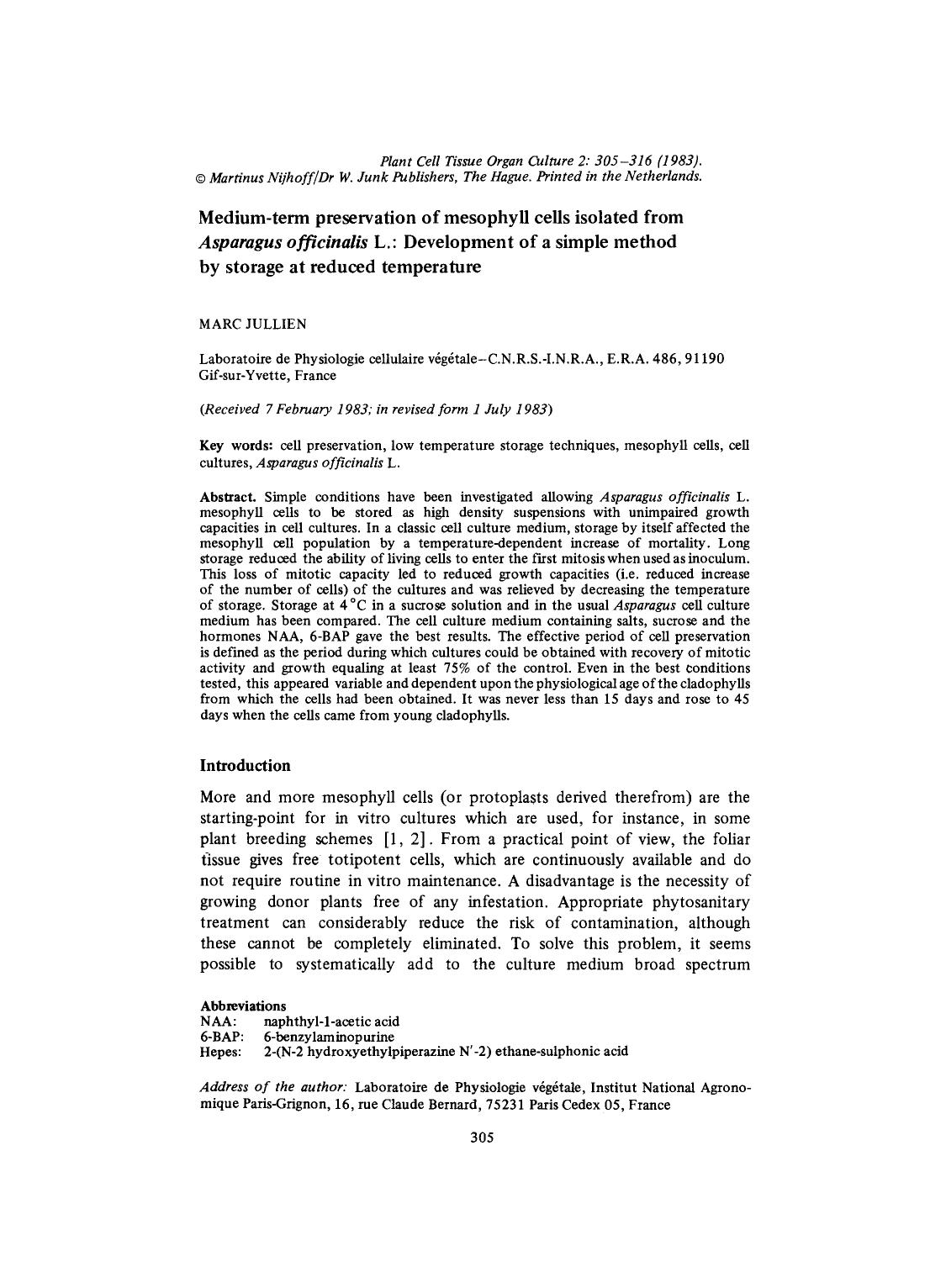 Medium-term preservation of mesophyll cells isolated from <Emphasis Type="Italic">Asparagus officinalis <Emphasis> L.: Development of a simple method by storage at reduced temperature by Unknown