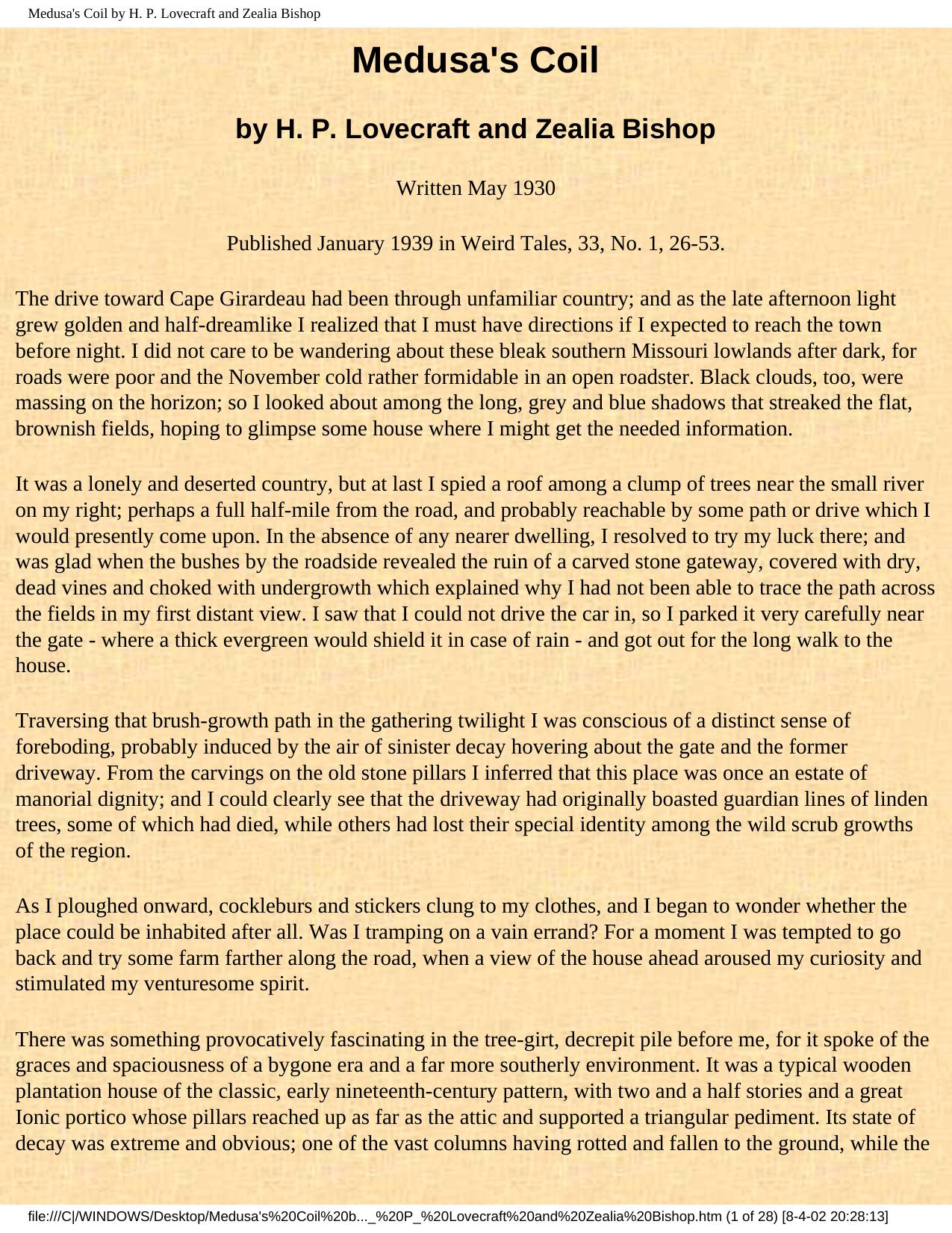 Medusa's Coil by H. P. Lovecraft and Zealia Bishop by Unknown