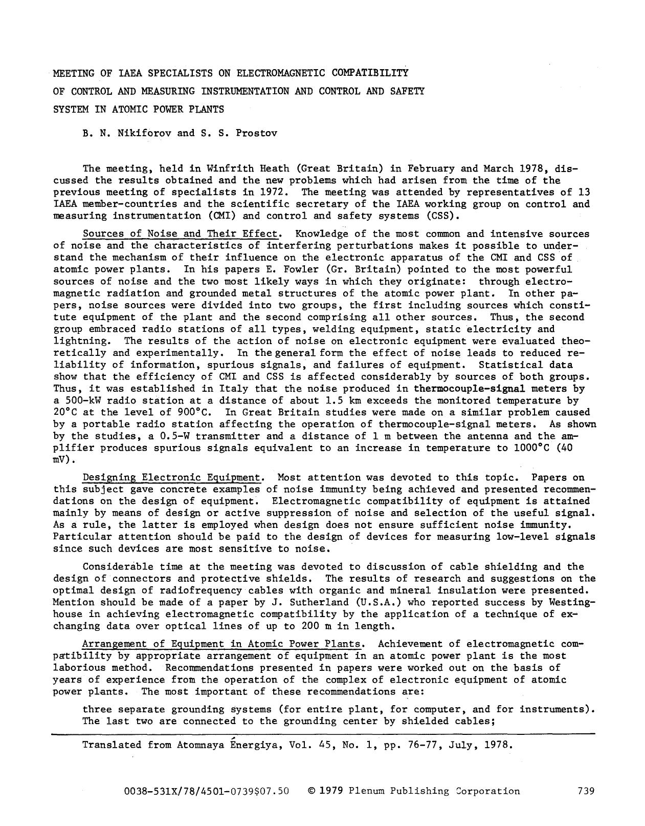 Meeting of IAEA Specialists on Electromagnetic Compatibility of Control and Measuring Instrumentation and Control and Safety System in Atomic Power Plants by Unknown