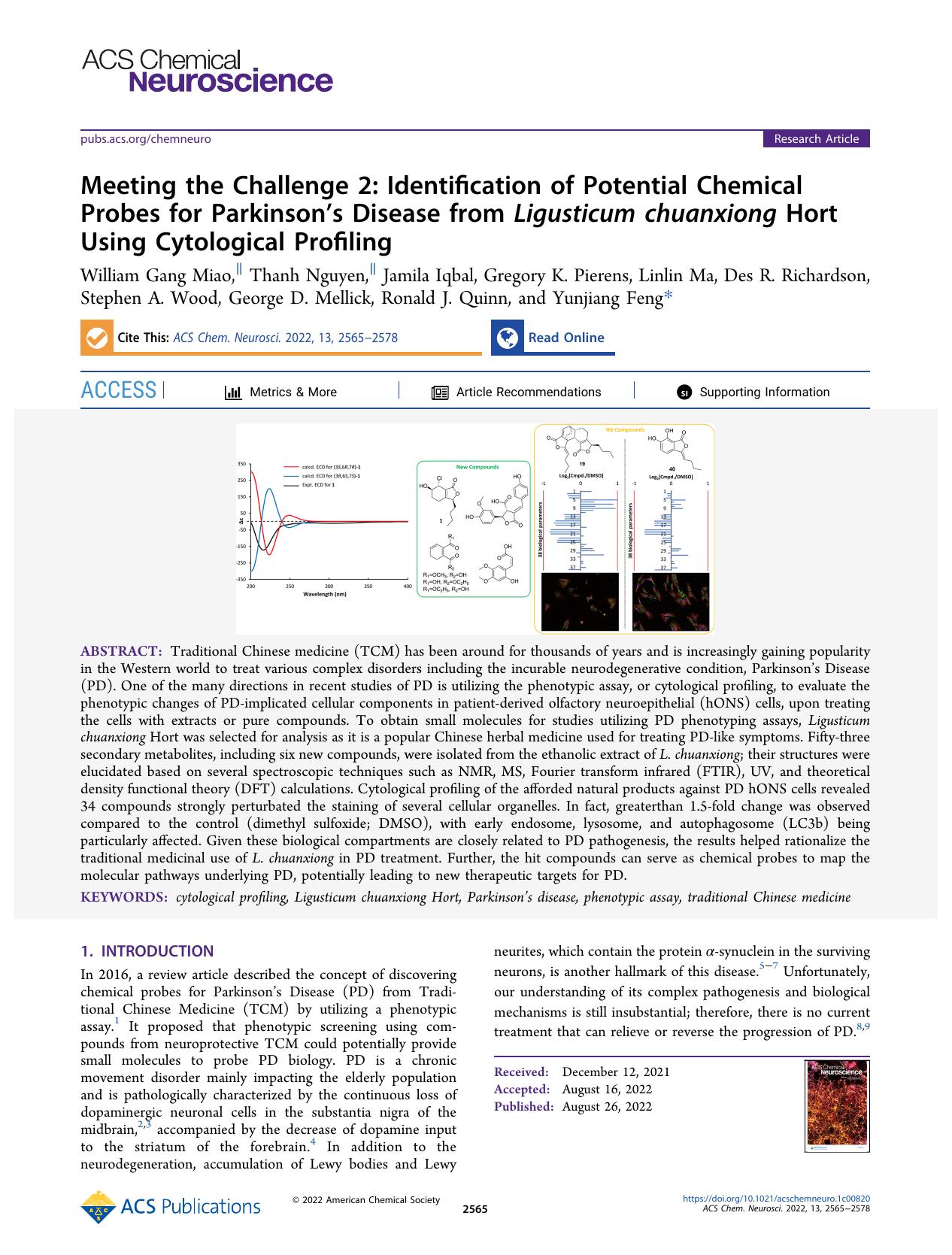 Meeting the Challenge 2: Identification of Potential Chemical Probes for Parkinsonâs Disease from Ligusticum chuanxiong Hort Using Cytological Profiling by unknow