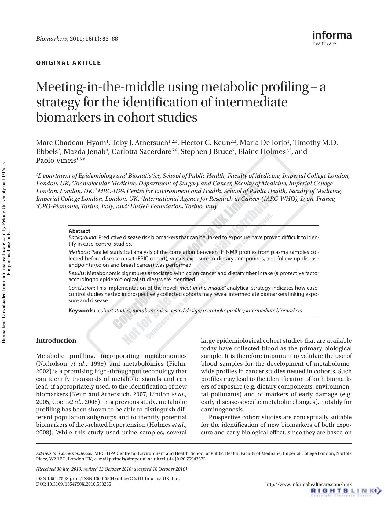 Meeting-in-the-middle using metabolic profiling â a strategy for the identification of intermediate biomarkers in cohort studies by unknow