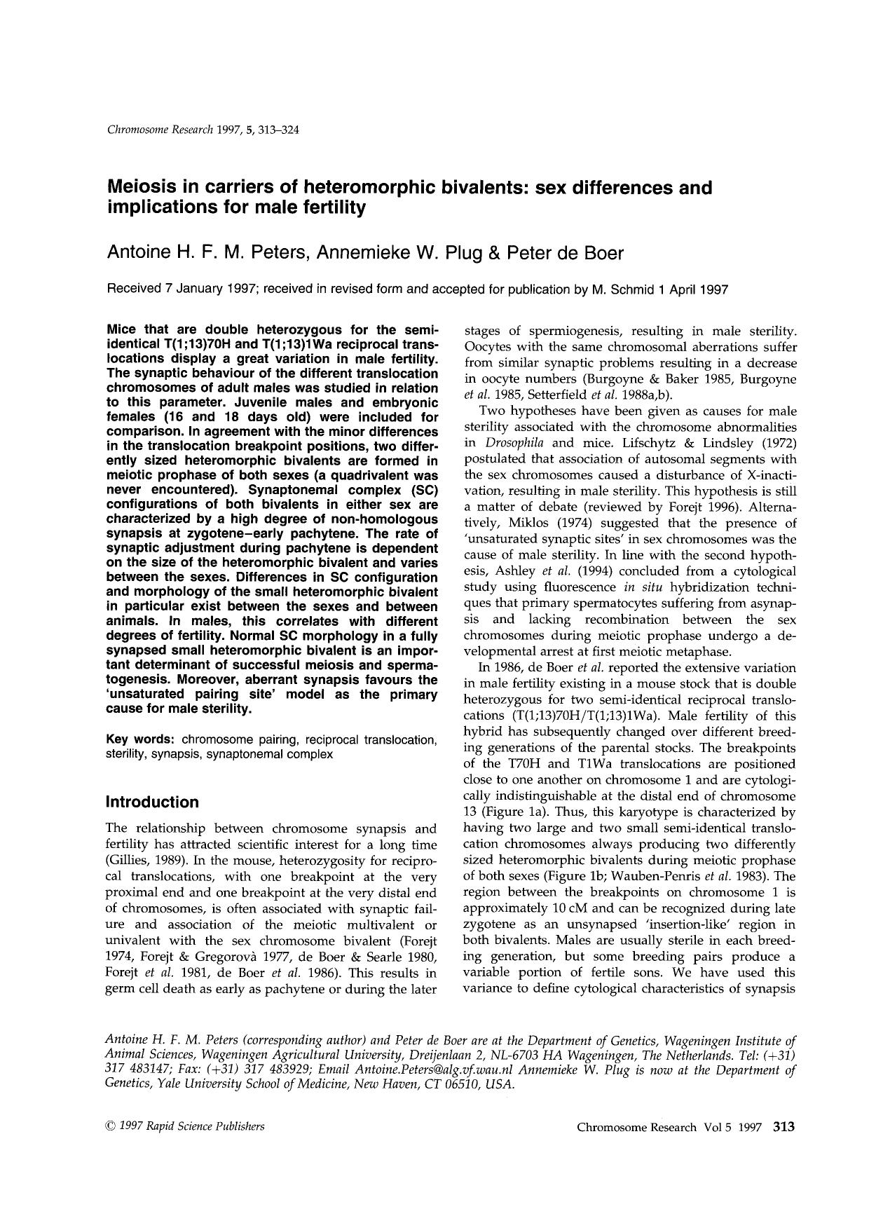 Meiosis in Carriers of Heteromorphic Bivalents: Sex Differences and Implications for Male Fertility by Unknown