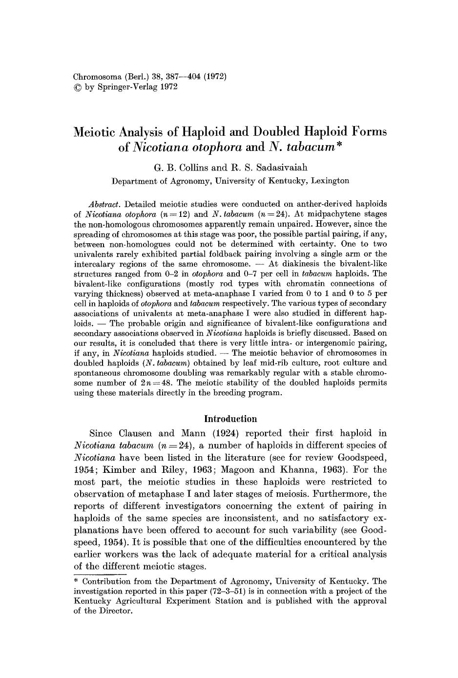 Meiotic analysis of haploid and doubled haploid forms of <Emphasis Type="Italic">Nicotiana otophora<Emphasis> and <Emphasis Type="Italic">N. tabacum<Emphasis> by Unknown