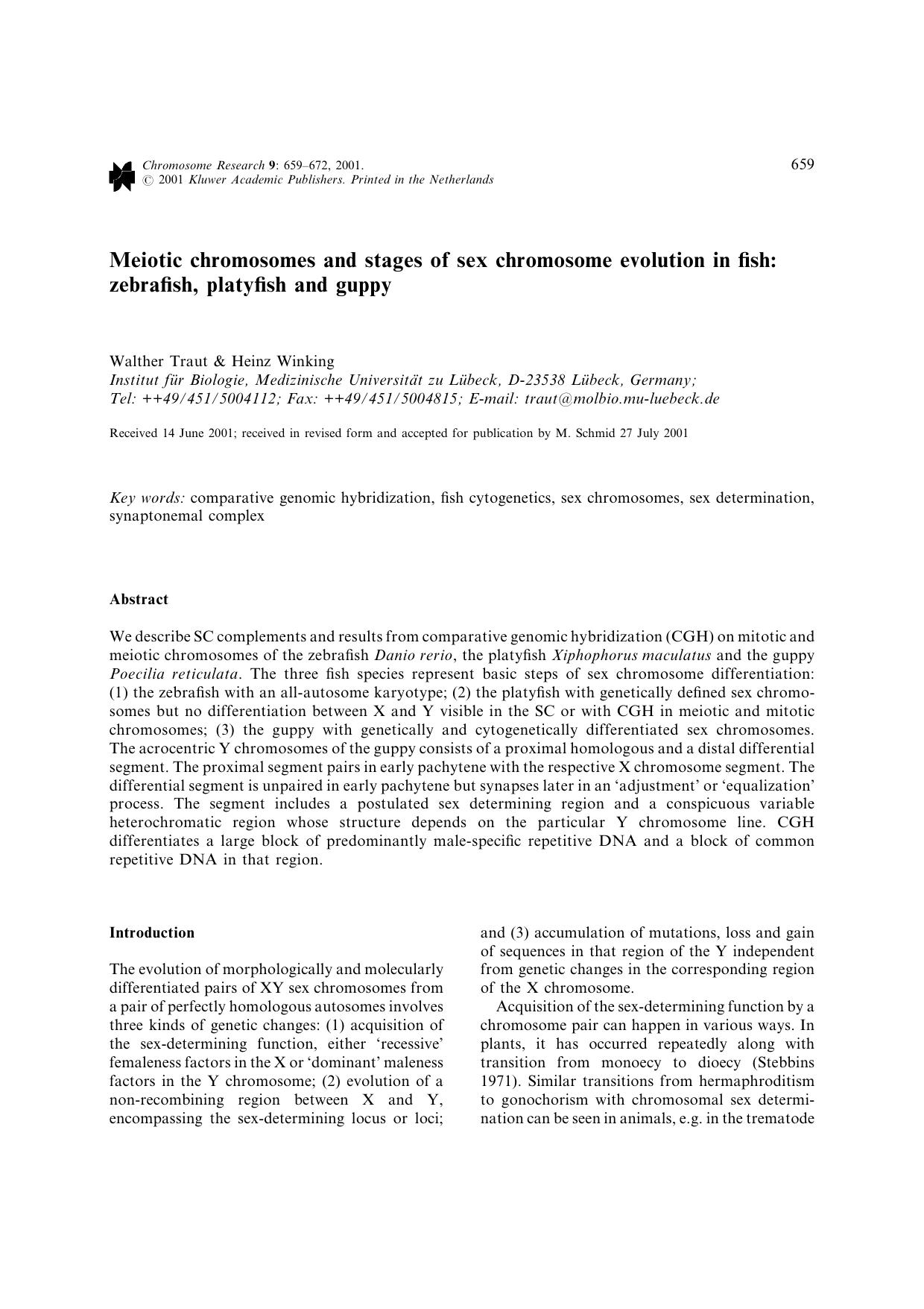 Meiotic chromosomes and stages of sex chromosome evolution in fish: zebrafish, platyfish and guppy by Unknown