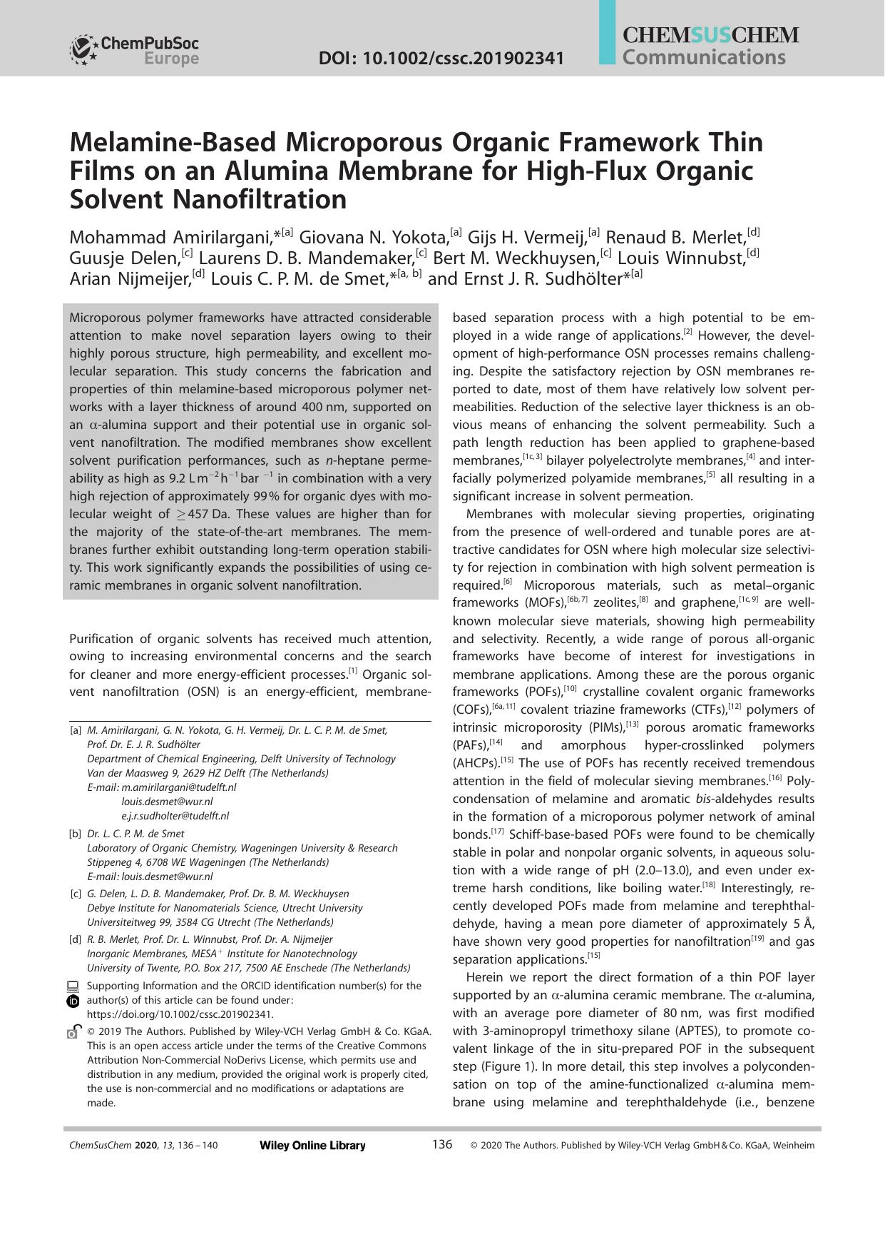 MelamineâBased Microporous Organic Framework Thin Films on an Alumina Membrane for HighâFlux Organic Solvent Nanofiltration by Unknown