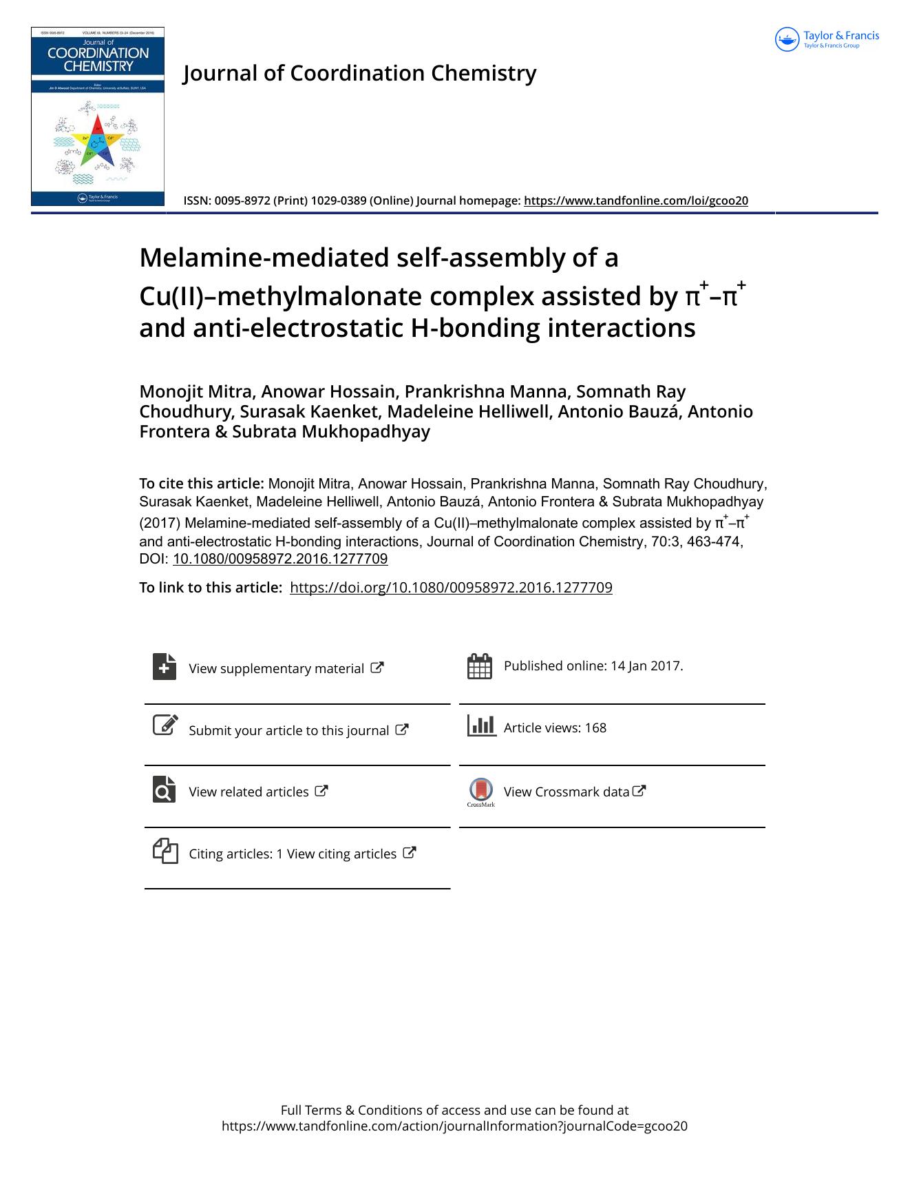 Melamine-mediated self-assembly of a Cu(II)âmethylmalonate complex assisted by Ï+âÏ+ and anti-electrostatic H-bonding interactions by unknow