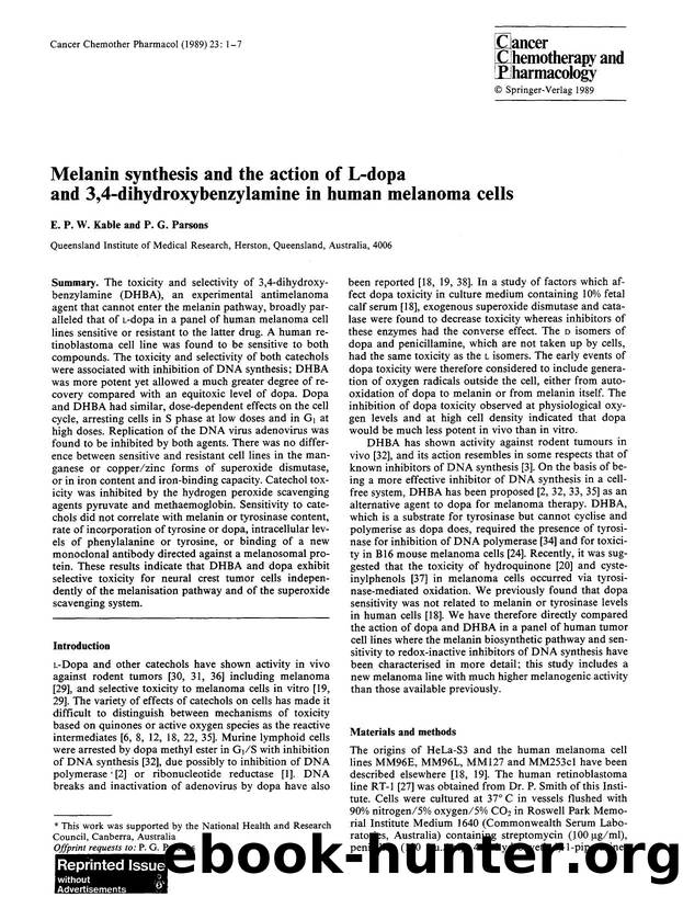 Melanin synthesis and the action of L-dopa and 3,4-dihydroxybenzylamine in human melanoma cells by Unknown