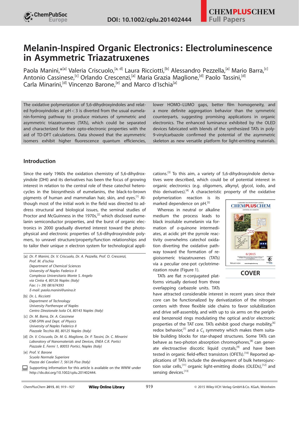 MelaninInspired Organic Electronics: Electroluminescence in Asymmetric Triazatruxenes by Unknown