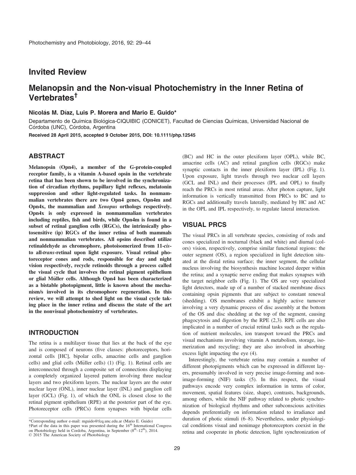Melanopsin and the Non&#x2010;visual Photochemistry in the Inner Retina of Vertebrates by Unknown