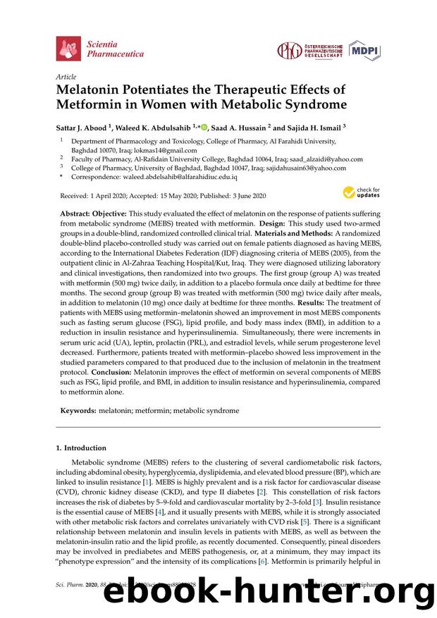Melatonin Potentiates the Therapeutic Effects of Metformin in Women with Metabolic Syndrome by Sattar J. Abood Waleed K. Abdulsahib Saad A. Hussain & Sajida H. Ismail