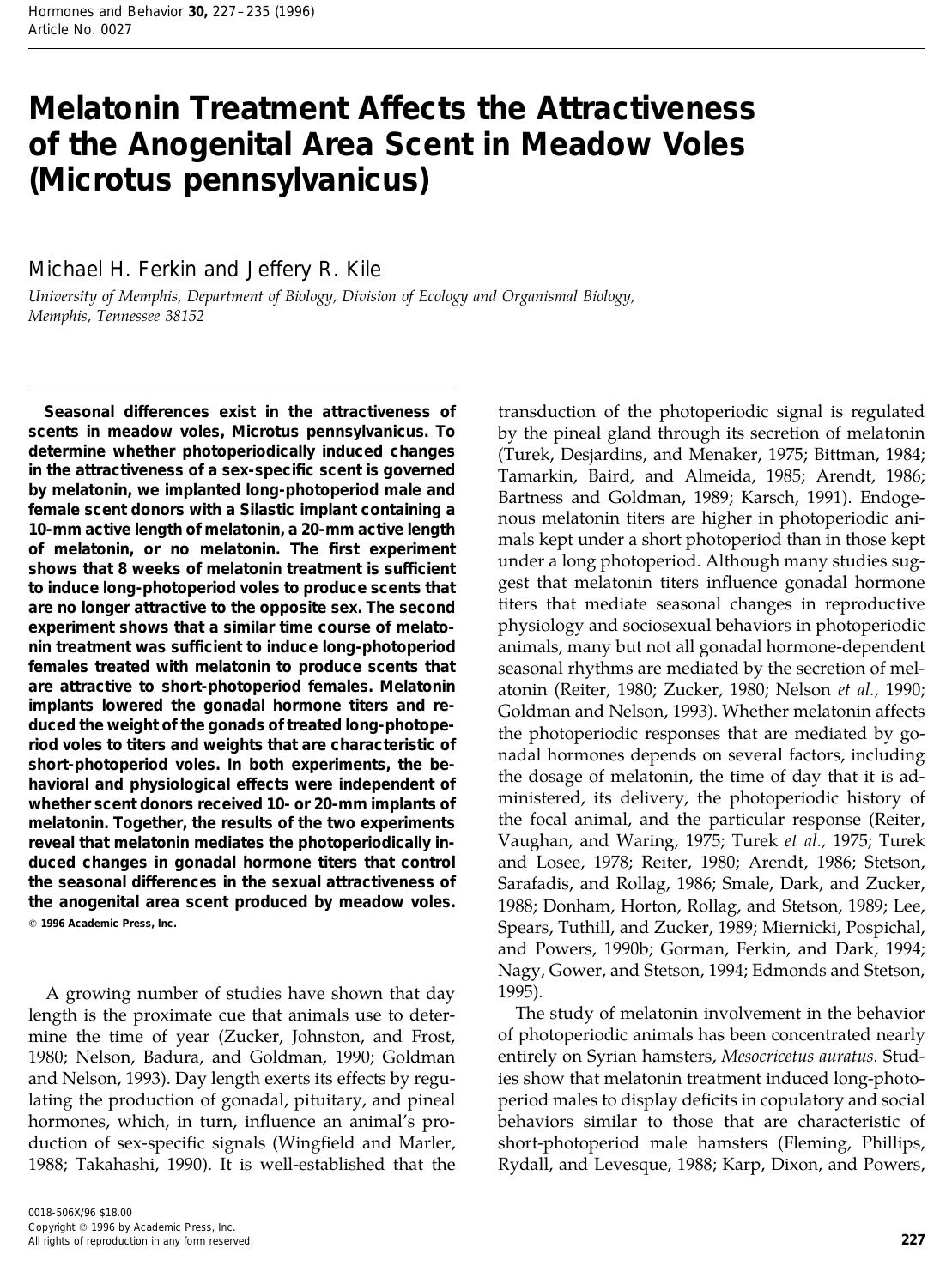 Melatonin Treatment Affects the Attractiveness of the Anogenital Area Scent in Meadow Voles (Microtus pennsylvanicus) by Ferkin M. H. et al
