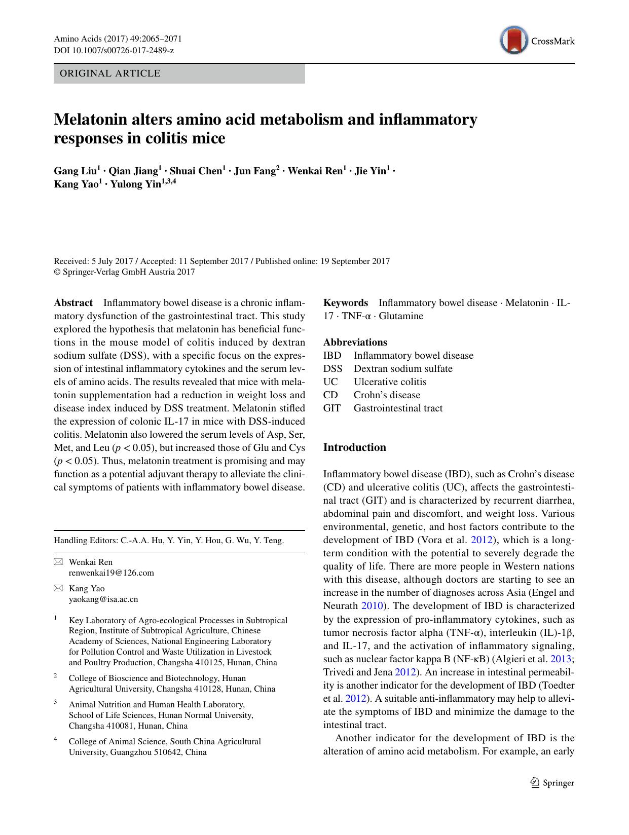 Melatonin alters amino acid metabolism and inflammatory responses in colitis mice by Gang Liu & Qian Jiang & Shuai Chen & Jun Fang & Wenkai Ren & Jie Yin & Kang Yao & Yulong Yin