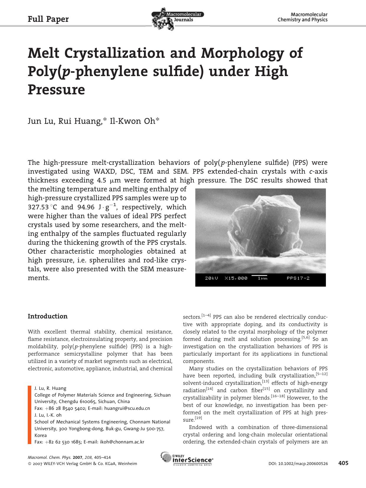 Melt Crystallization and Morphology of Poly(p-phenylene sulfide) under High Pressure by unknow