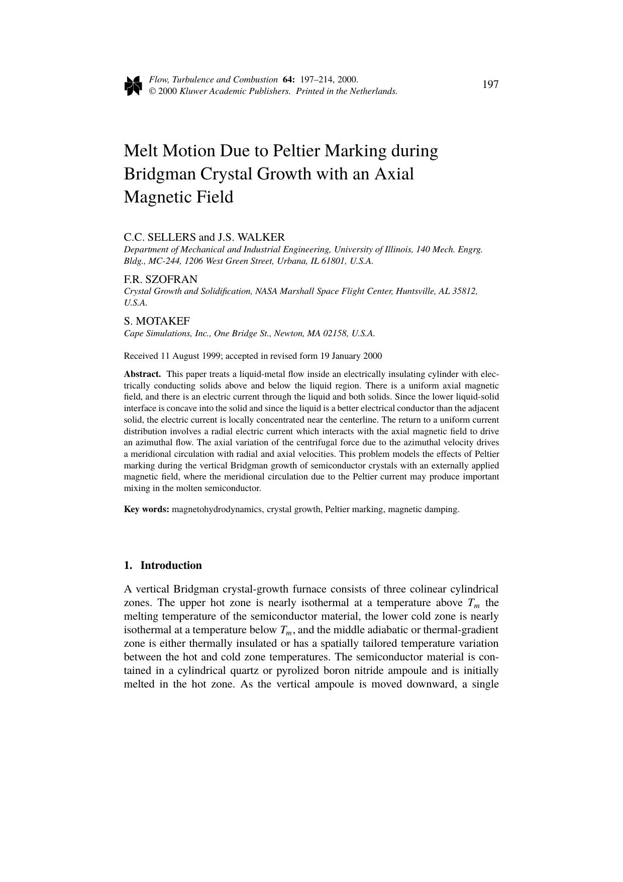 Melt Motion Due to Peltier Marking during Bridgman Crystal Growth with an Axial Magnetic Field by Unknown