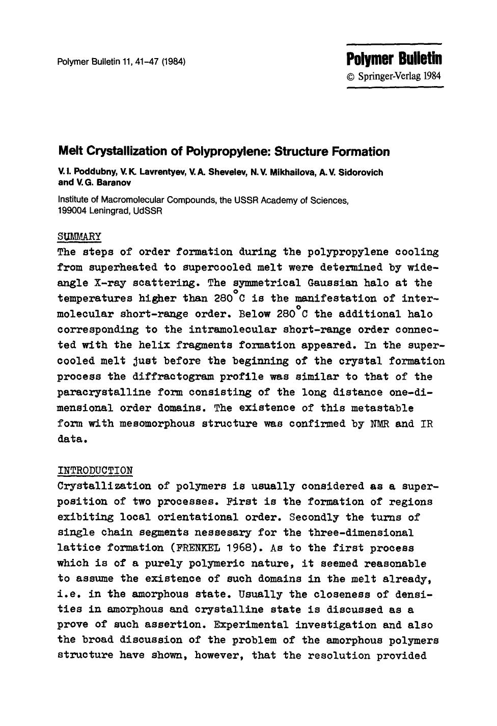 Melt crystallization of polypropylene: Structure formation by Unknown