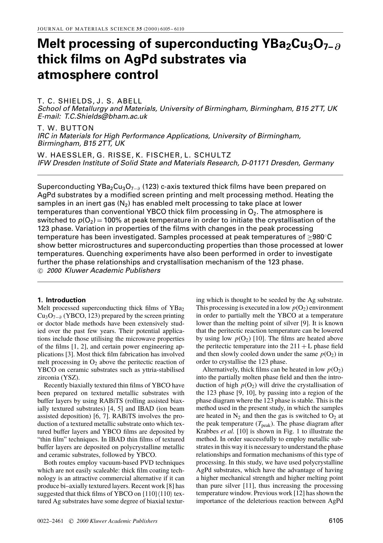 Melt processing of superconducting YBa2Cu3O7&#x2212;&#x2202; thick films on AgPd substrates via atmosphere control by Unknown