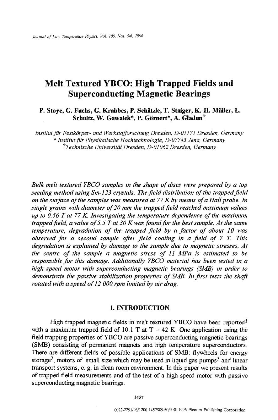 Melt textured YBCO: High trapped fields and superconducting magnetic bearings by Unknown