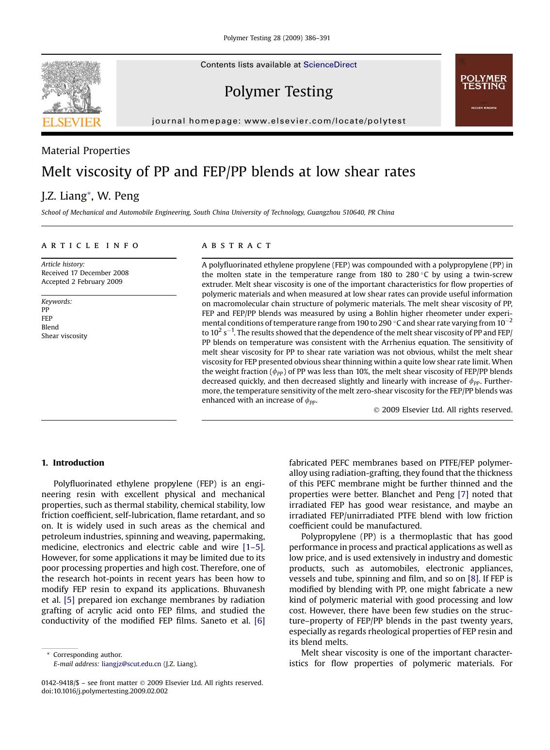 Melt viscosity of PP and FEPPP blends at low shear rates by J.Z. Liang; W. Peng
