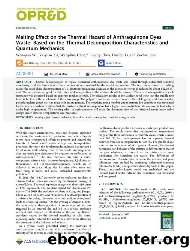 Melting Effect on the Thermal Hazard of Anthraquinone Dyes Waste: Based on the Thermal Decomposition Characteristics and Quantum Mechanics by Wen-qian Wu Ze-yuan Xia Wang-hua Chen Li-ping Chen Hua-bo Li and Zi-chao Guo