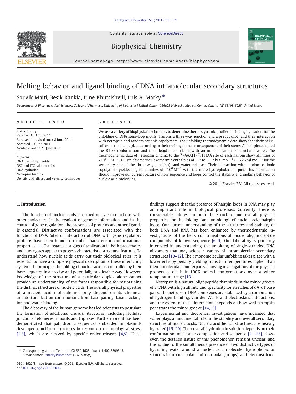 Melting behavior and ligand binding of DNA intramolecular secondary structures by Souvik Maiti & Besik Kankia & Irine Khutsishvili & Luis A. Marky