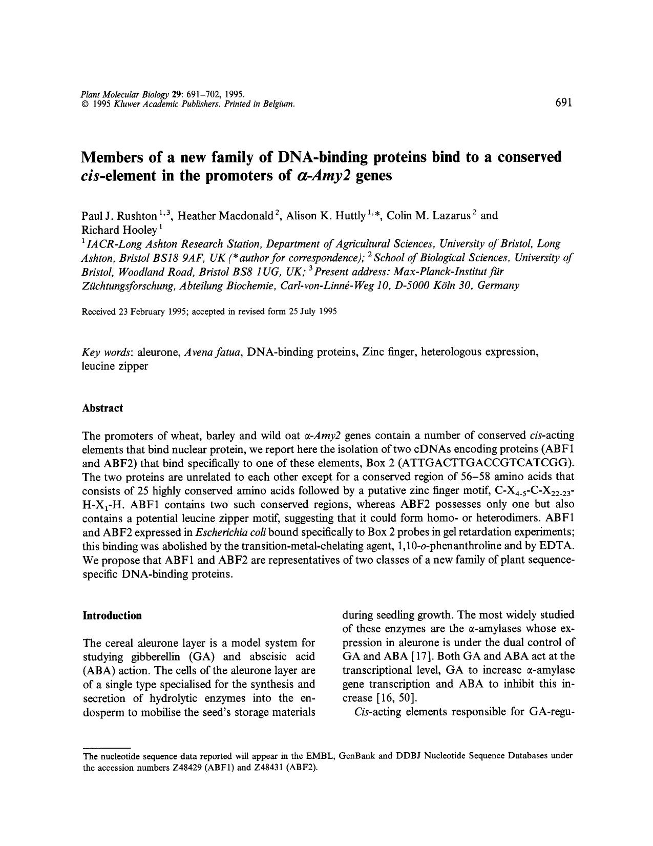 Members of a new family of DNA-binding proteins bind to a conserved <Emphasis Type="Italic">cis<Emphasis>-element in the promoters of α-<Emphasis Type="Italic">Amy2<Emphasis> genes by Unknown