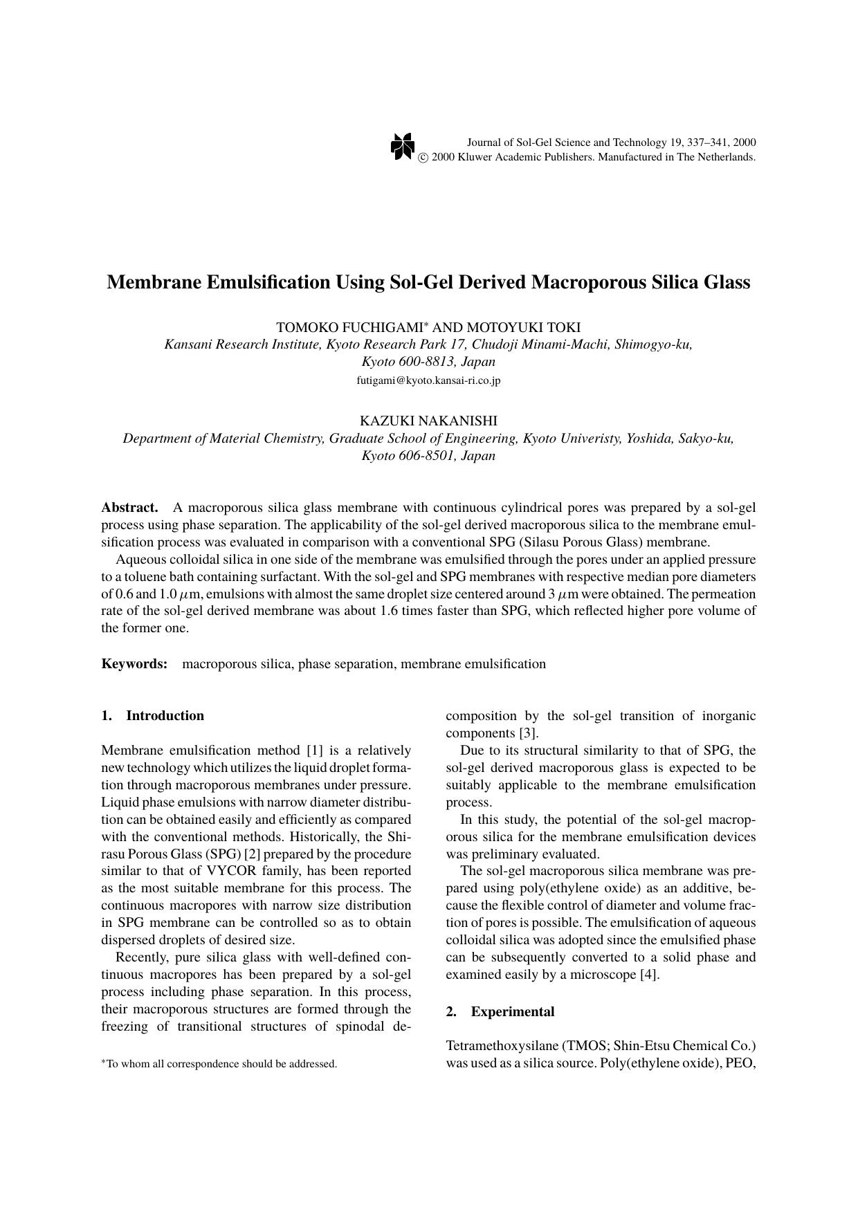 Membrane Emulsification Using Sol-Gel Derived Macroporous Silica Glass by Unknown