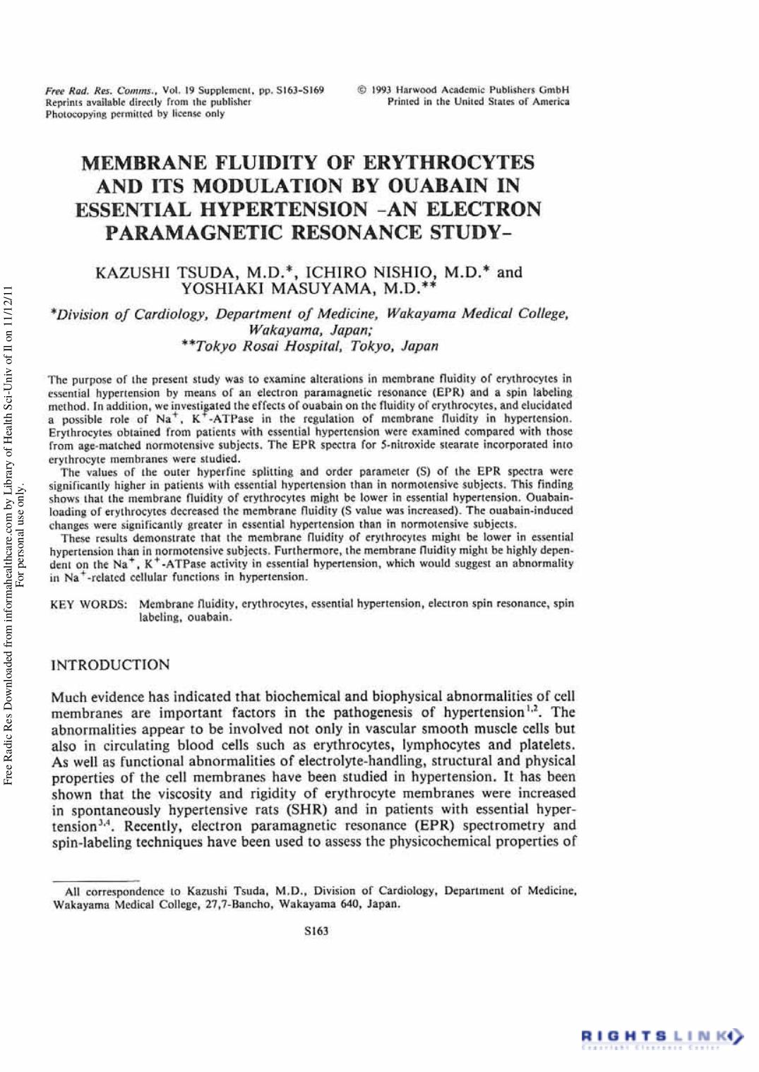 Membrane Fluidity of Erythrocytes and its Modulation by Ouabain in Essential Hypertension â An Electron Paramagnetic Resonance Study by Kazushi Tsuda1 Ichiro Nishio1 & Yoshiaki Masuyama2