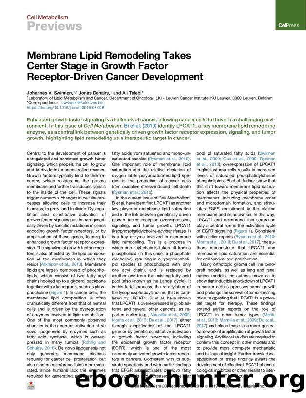Membrane Lipid Remodeling Takes Center Stage in Growth Factor Receptor-Driven Cancer Development by Johannes V. Swinnen & Jonas Dehairs & Ali Talebi