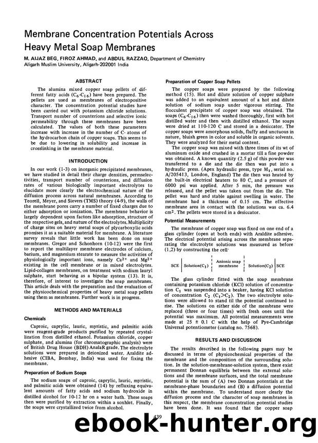 Membrane concentration potentials across heavy metal soap membranes by Unknown