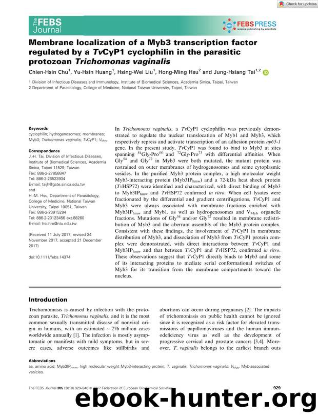 Membrane localization of a Myb3 transcription factor regulated by a TvCyP1 cyclophilin in the parasitic protozoan Trichomonas vaginalis by Unknown