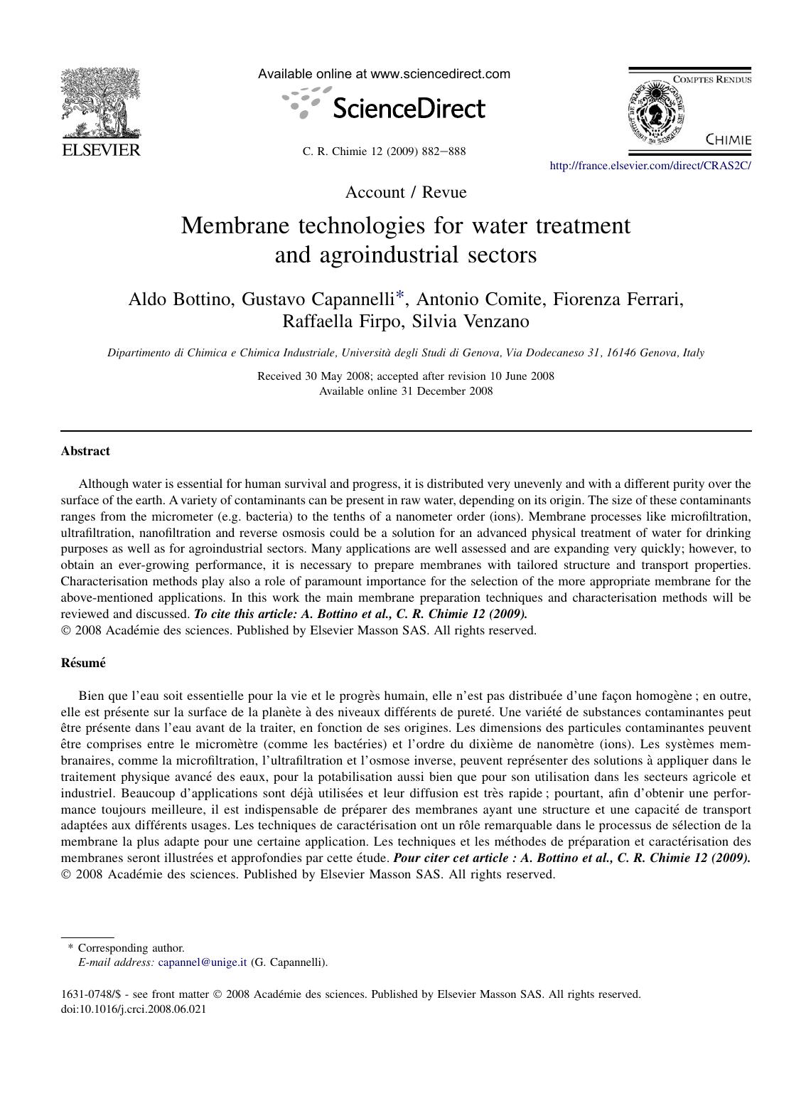 Membrane technologies for water treatment and agroindustrial sectors by Aldo Bottino; Gustavo Capannelli; Antonio Comite; Fiorenza Ferrari; Raffaella Firpo; Silvia Venzano