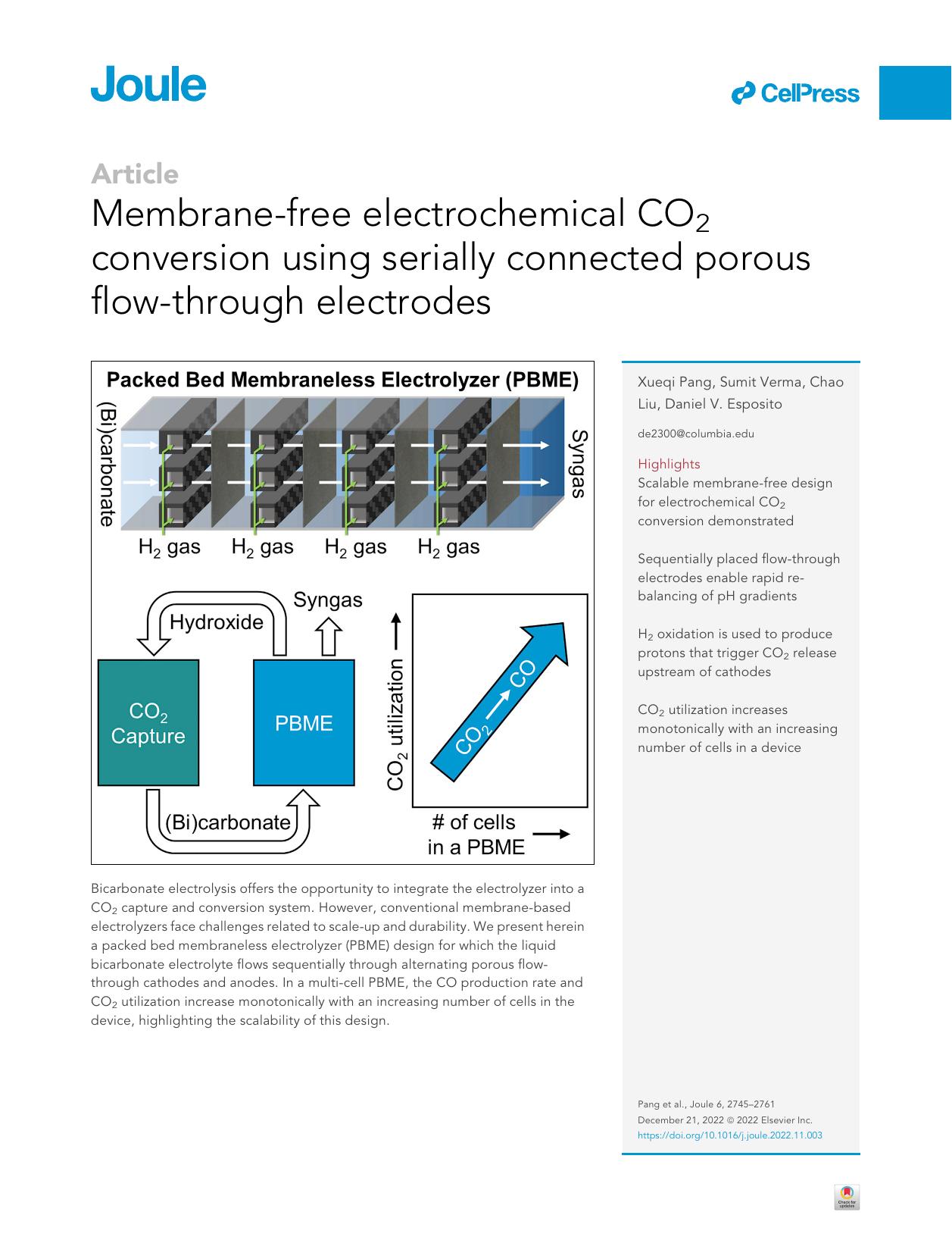 Membrane-free electrochemical CO2 conversion using serially connected porous flow-through electrodes by Xueqi Pang & Sumit Verma & Chao Liu & Daniel V. Esposito