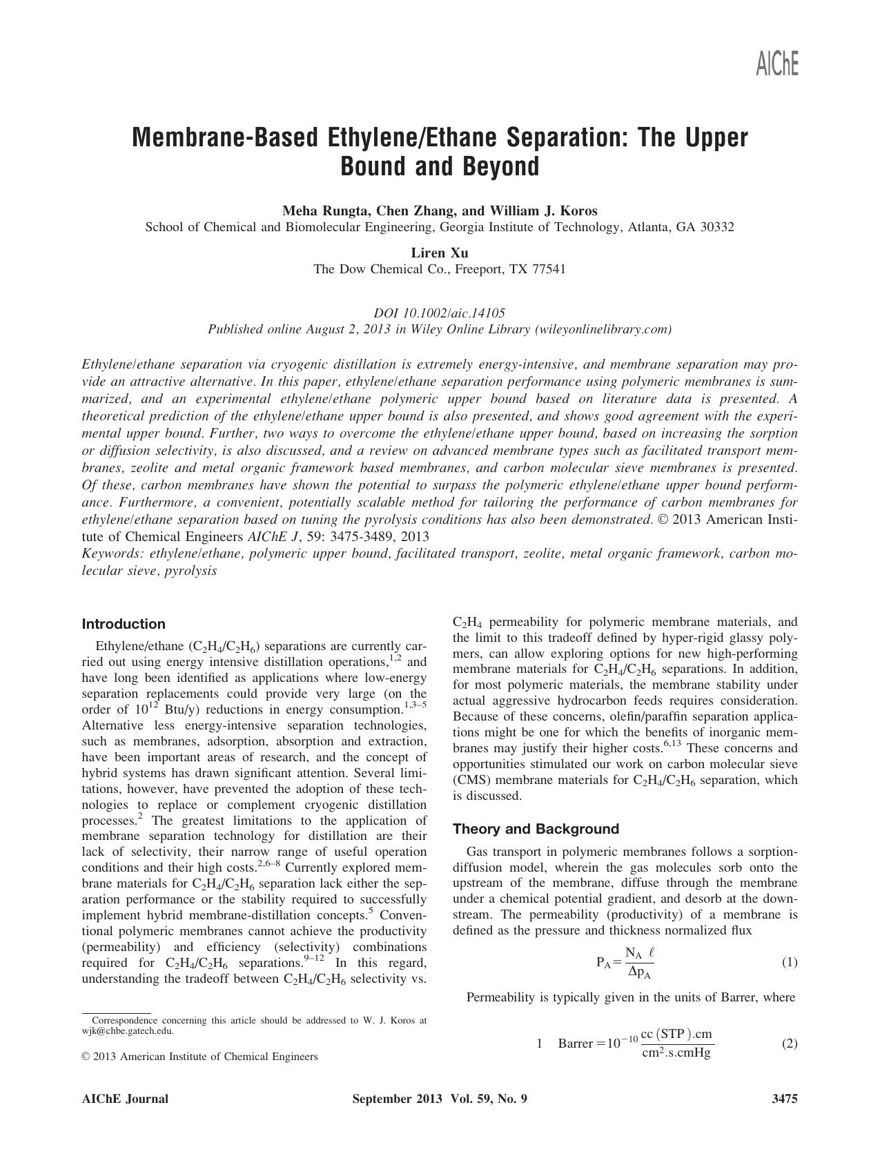 Membranebased ethyleneethane separation: The upper bound and beyond by Unknown