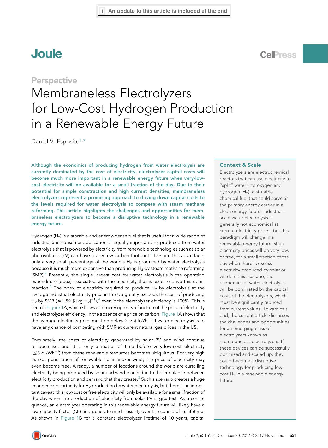 Membraneless Electrolyzers for Low-Cost Hydrogen Production in a Renewable Energy Future by Daniel V. Esposito