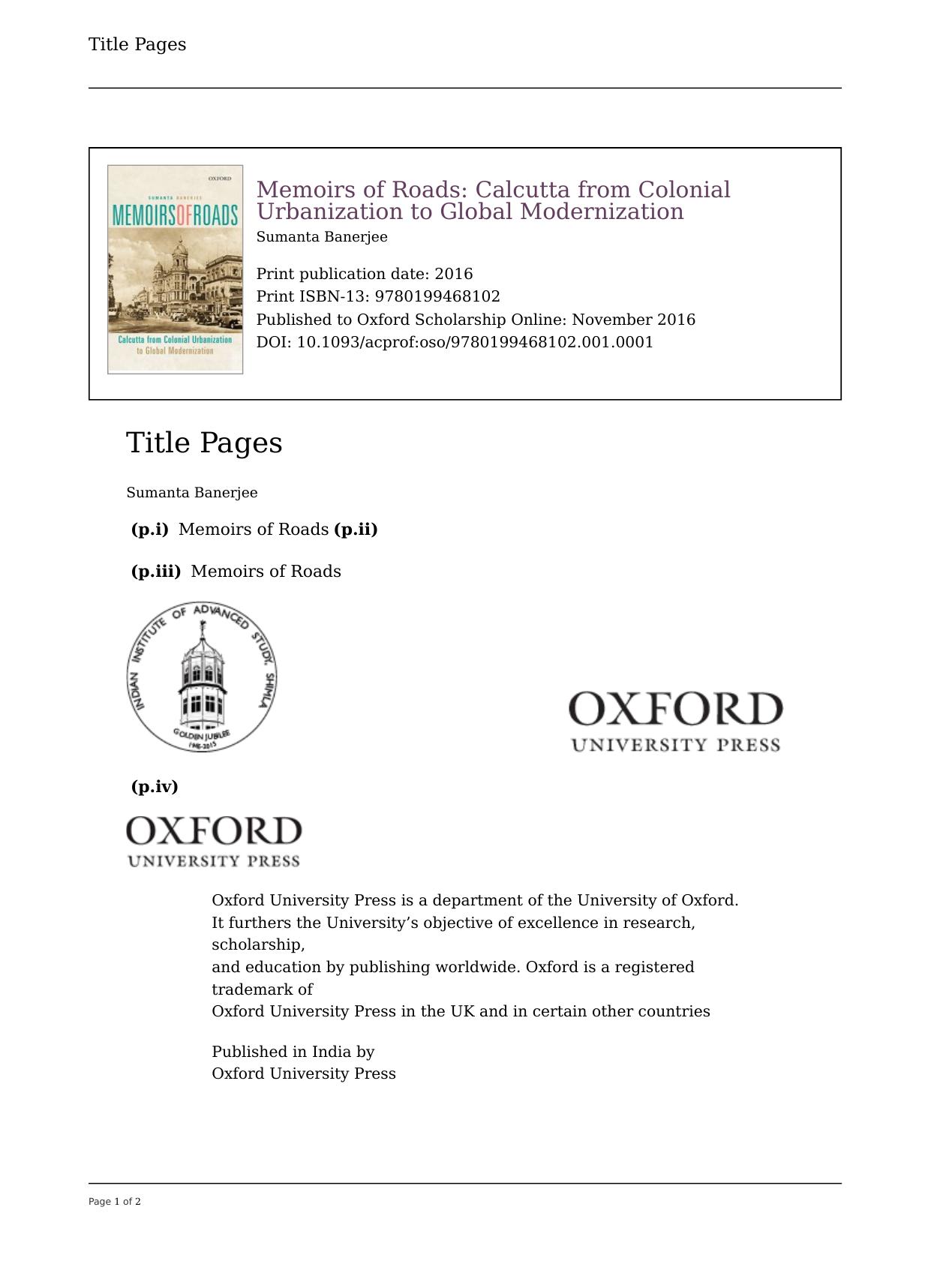 Memoirs of Roads: Calcutta from Colonial Urbanization to Global Modernization by Sumanta Banerjee