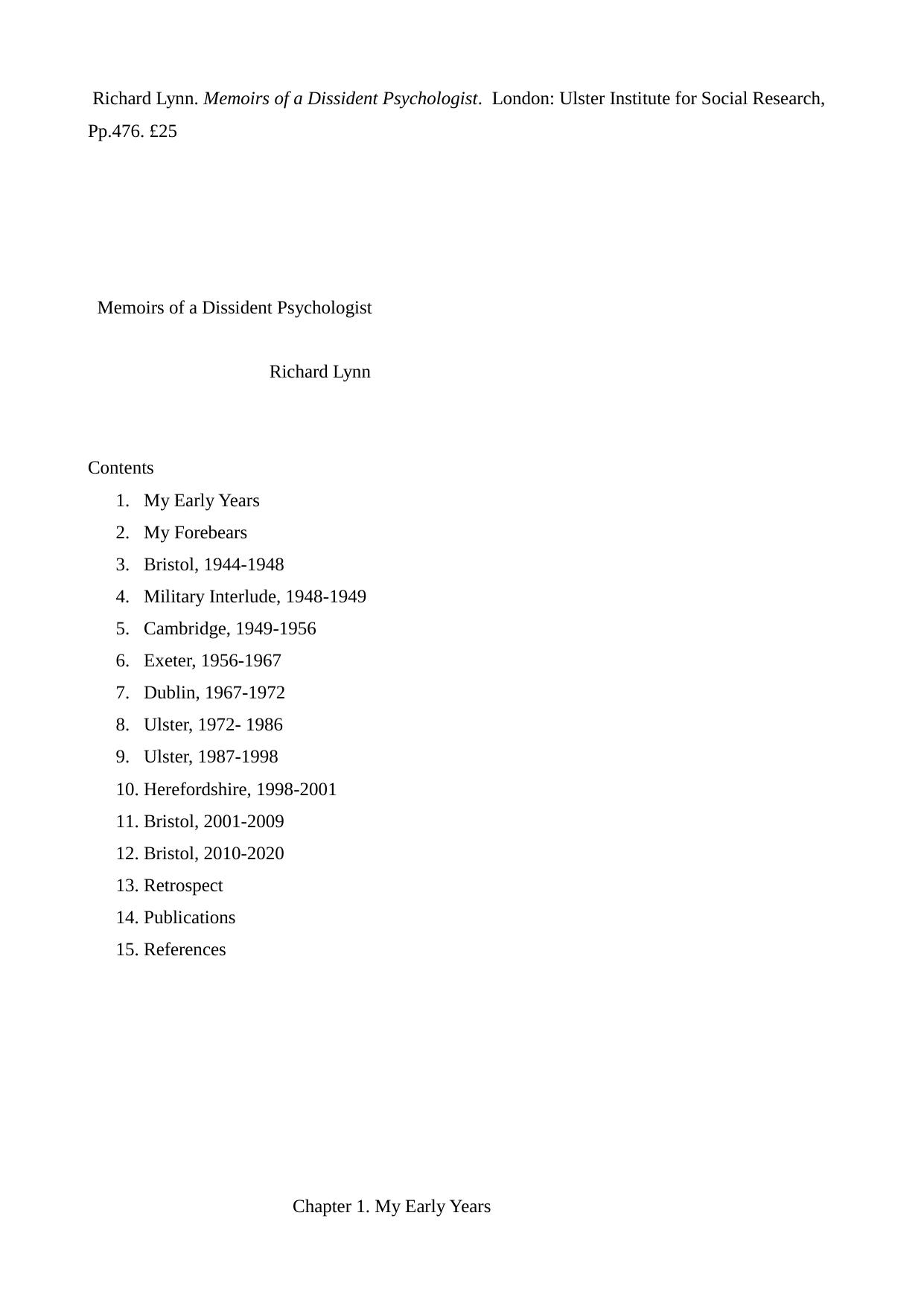 Memoirs of a Dissident Psychologist by Richard Lynn