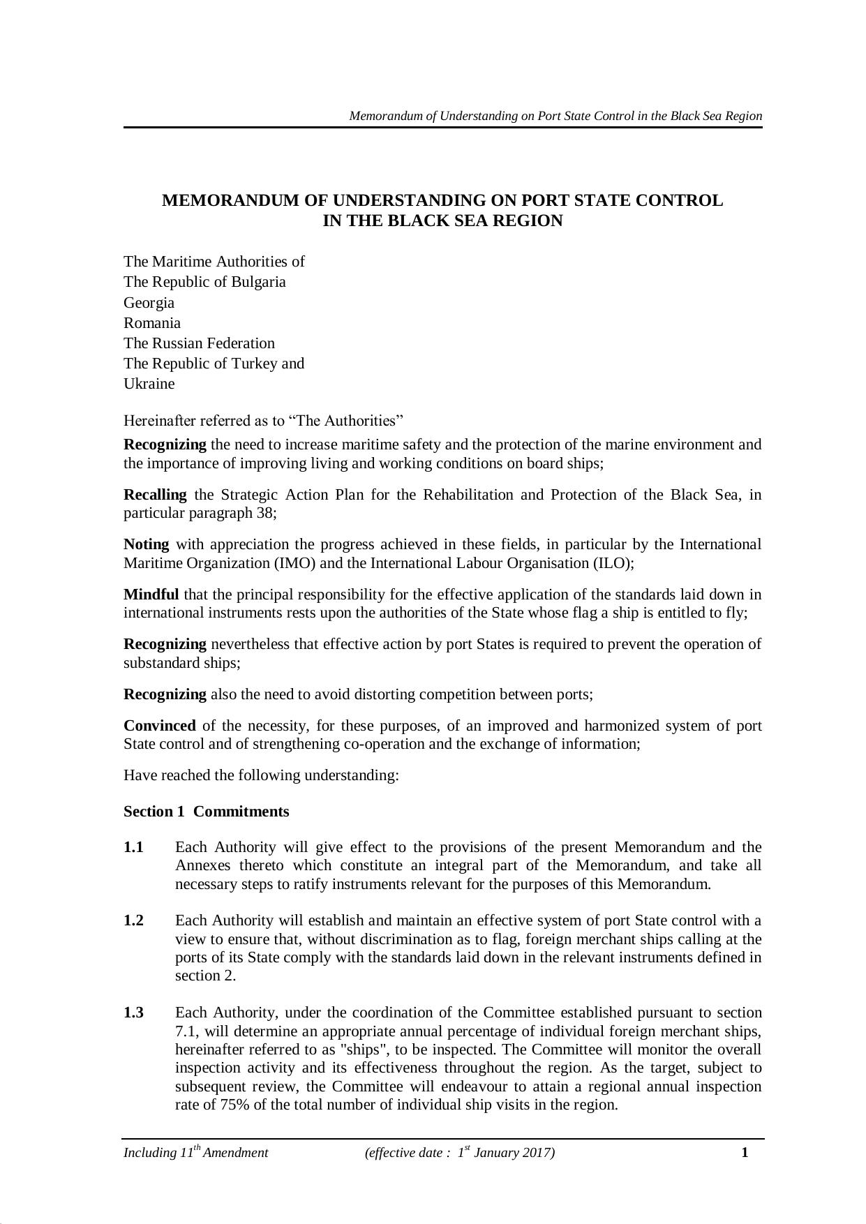 Memorandum of Understanding on Port State Control in the Black Sea Region (11th Amendment) by admšn