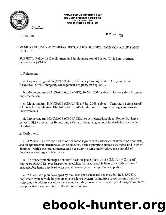 Memorandum: Policy for Development and Implementation of System-Wide Improvement Frameworks (SWIFs) by U.S. Army Corps of Engineers