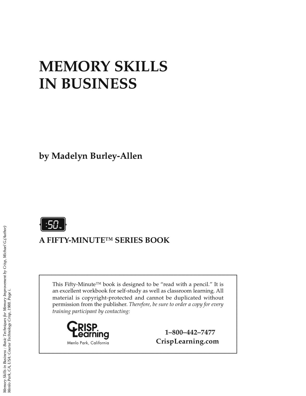Memory Skills in Business : Basic Techniques for Memory Improve by Olivier Beauregard
