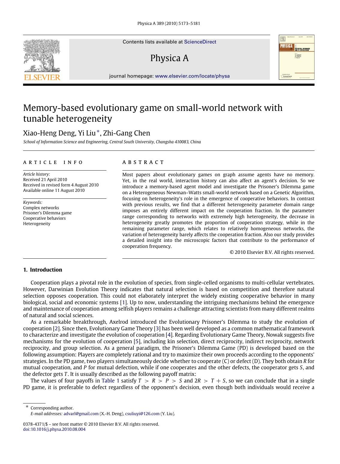 Memory-based evolutionary game on small-world network with tunable heterogeneity by Xiao-Heng Deng; Yi Liu; Zhi-Gang Chen