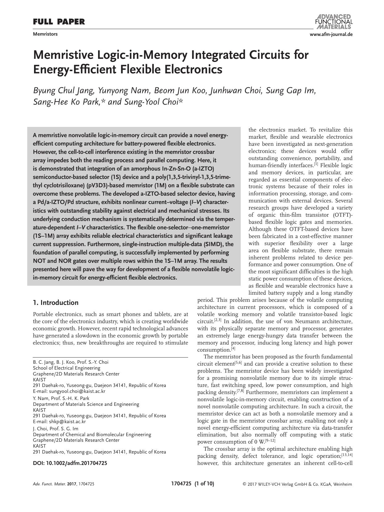 Memristive Logic&#x02010;in&#x02010;Memory Integrated Circuits for Energy&#x02010;Efficient Flexible Electronics by Unknown