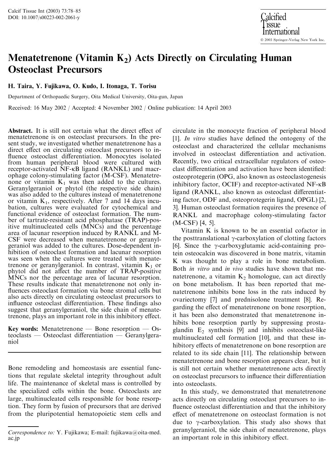 Menatetrenone (Vitamin K2) Acts Directly on Circulating Human Osteoclast Precursors by Taira H. et al