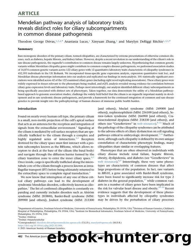 Mendelian pathway analysis of laboratory traits reveals distinct roles for ciliary subcompartments in common disease pathogenesis by Theodore George Drivas & Anastasia Lucas & Xinyuan Zhang & Marylyn DeRiggi Ritchie