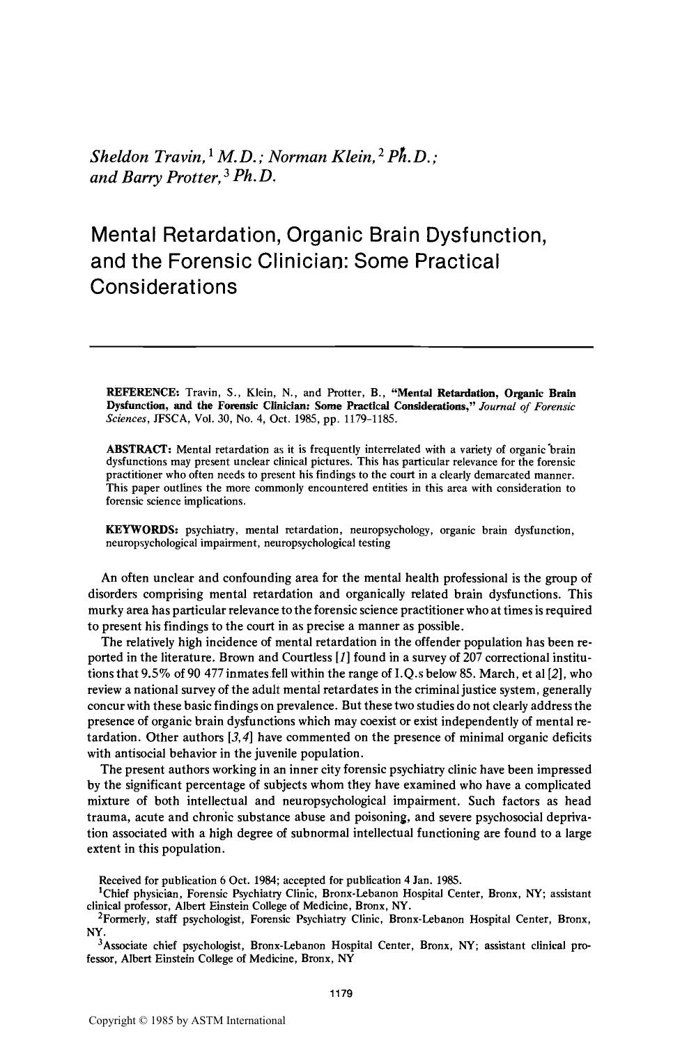 Mental Retardation, Organic Brain Dysfunction, and the Forensic Clinician: Some Practical Considerations by Travin S Klein N Protter B