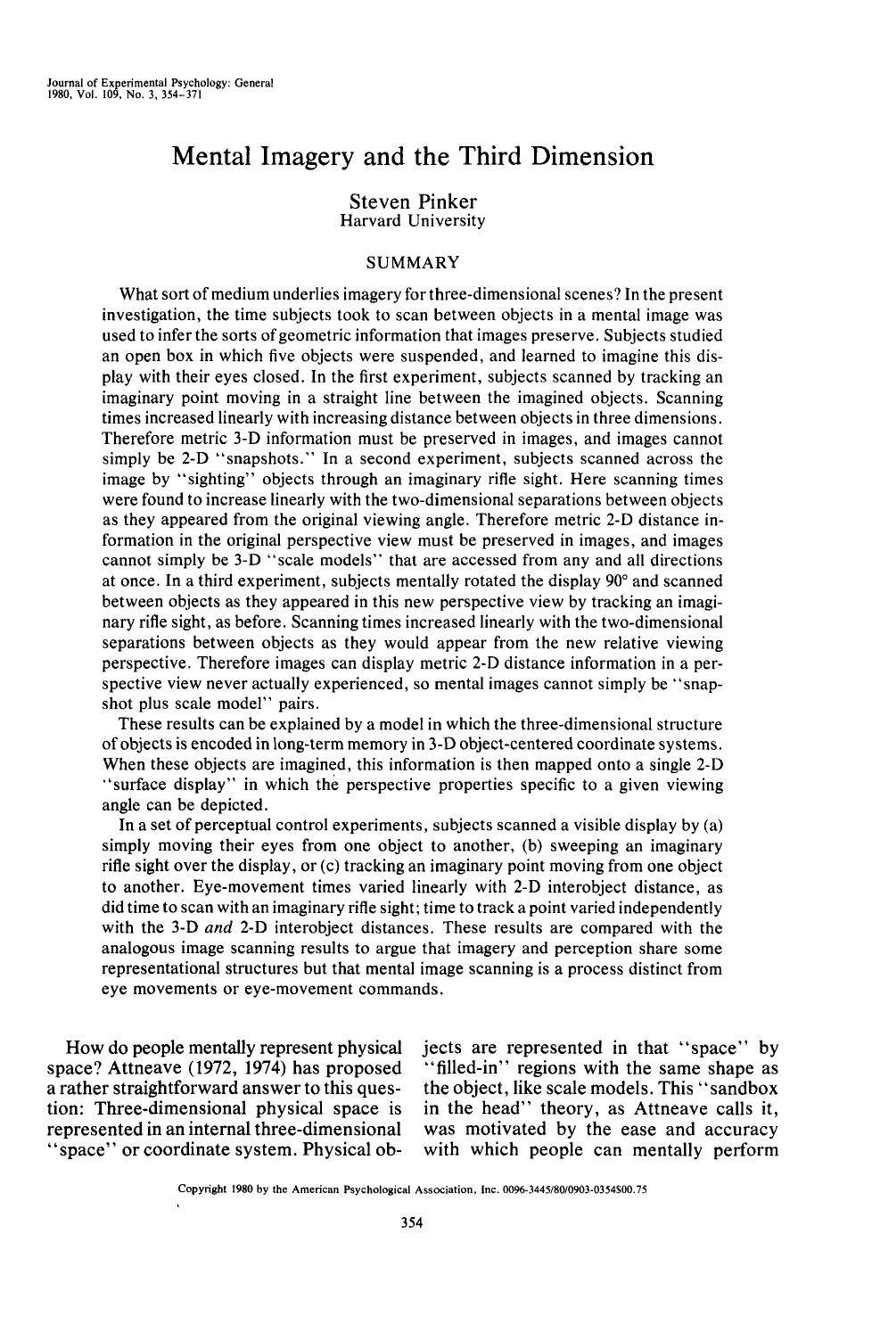 Mental imagery and the third dimension (1980) by Unknown